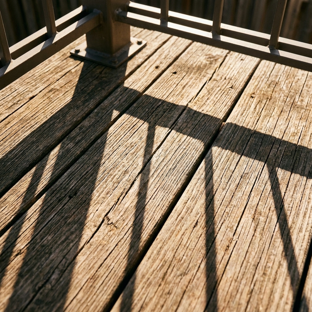 Close-up of a deck surface in bright sunlight with sharp shadows from a railing, showing the texture of deck boards
