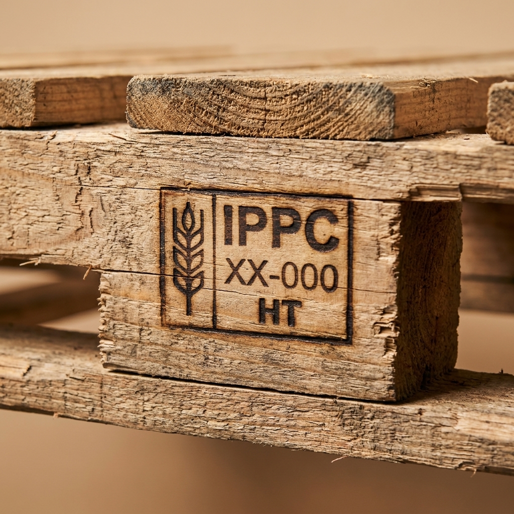 Close-up of a wooden pallet side rail showing an IPPC stamp with the HT marking burned into the wood