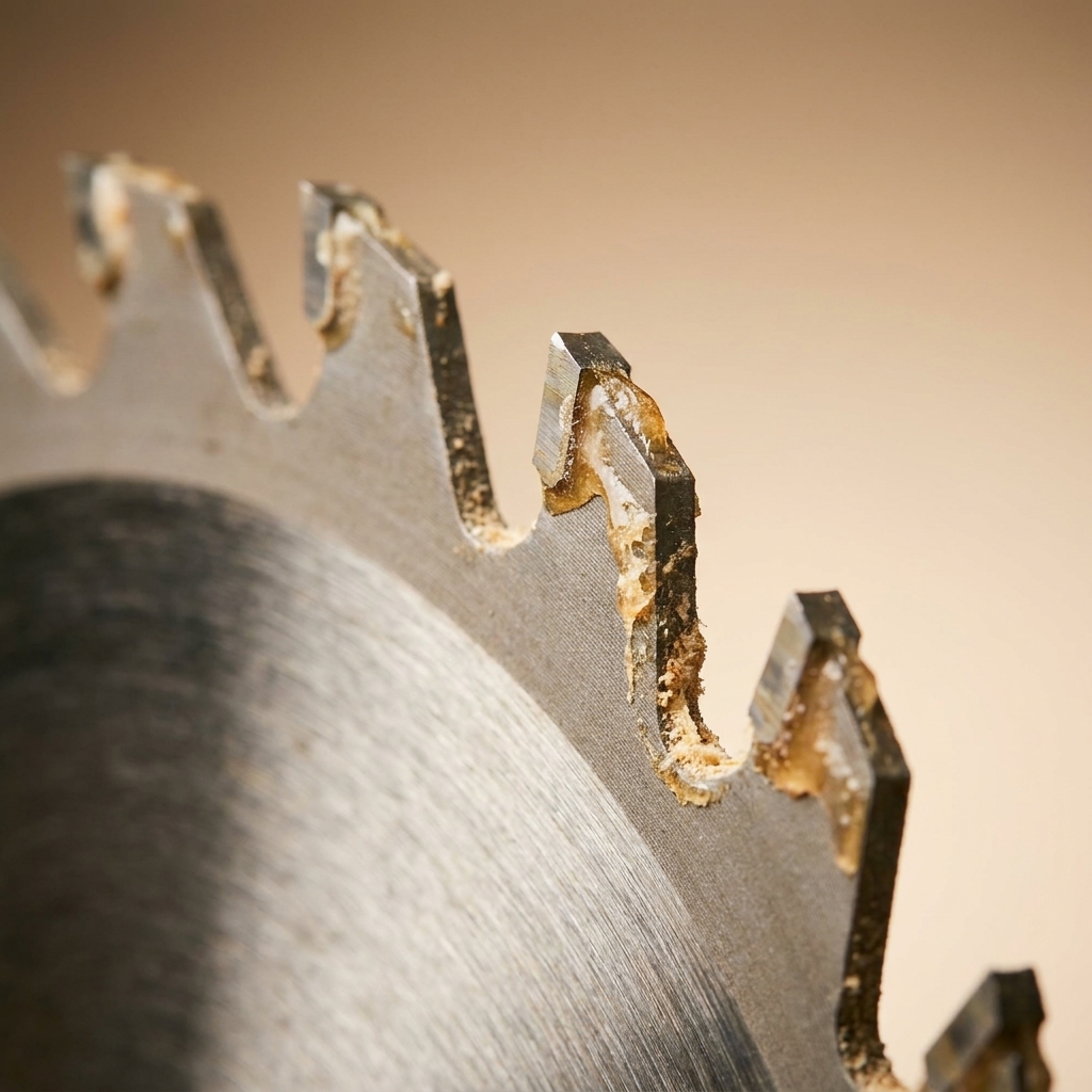 Close-up of carbide teeth on a circular saw blade showing light resin buildup