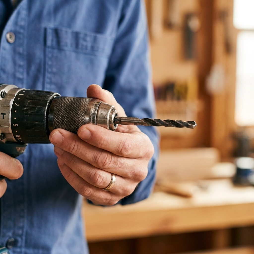 Close-up photo of a cordless drill chuck gripping a twist drill bit, with a hand tightening the chuck