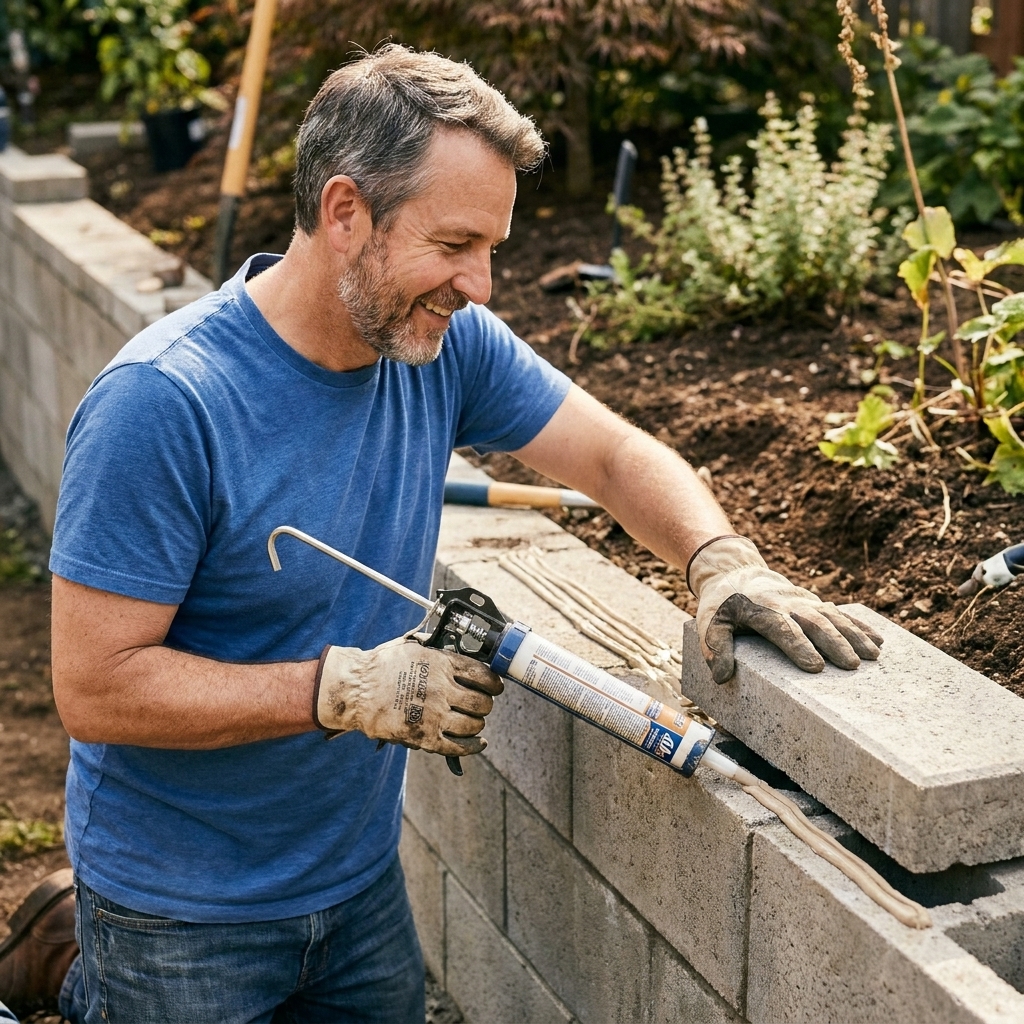Concrete retaining wall cap blocks being installed with construction adhesive along the top course