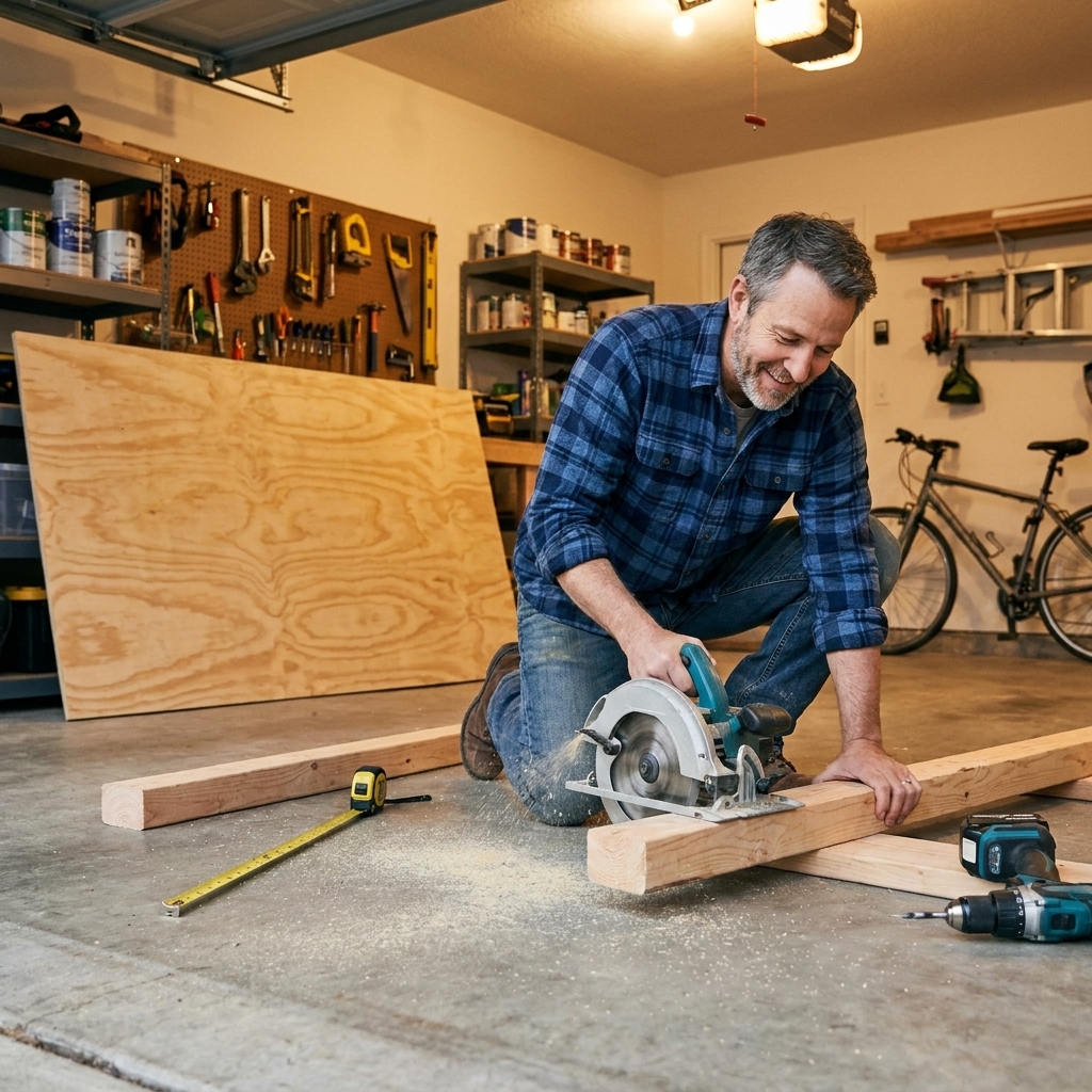 Cut 2x4 lumber and a sheet of plywood laid out on a garage floor next to a tape measure and drill.