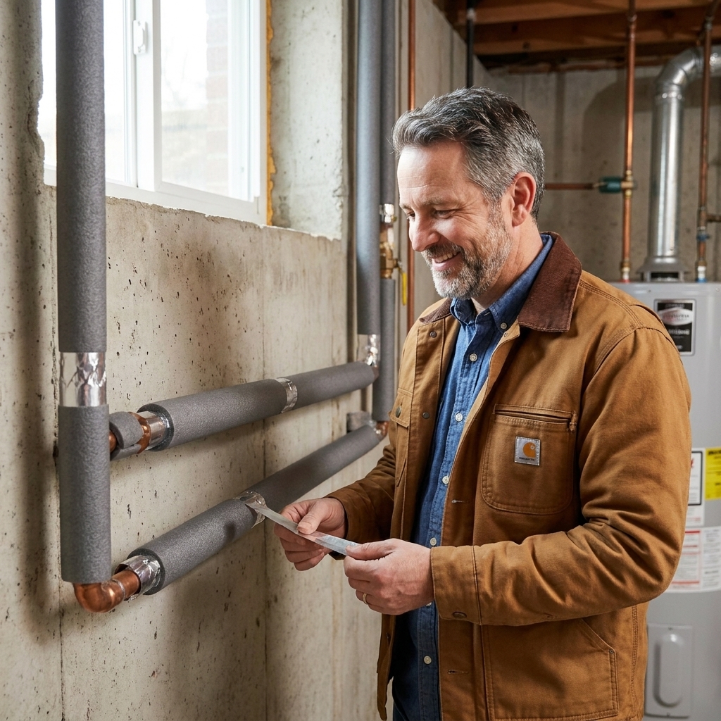 Foam pipe insulation sleeves installed on exposed copper water pipes along a basement wall, with clean seams and taped joints