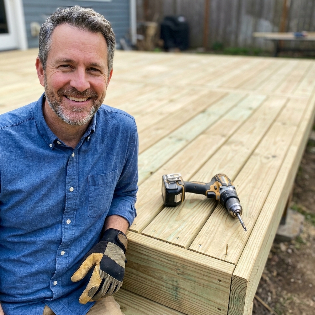 Freshly installed pressure-treated wood deck boards with visible screw heads, a cordless drill resting nearby on the deck surface in natural daylight