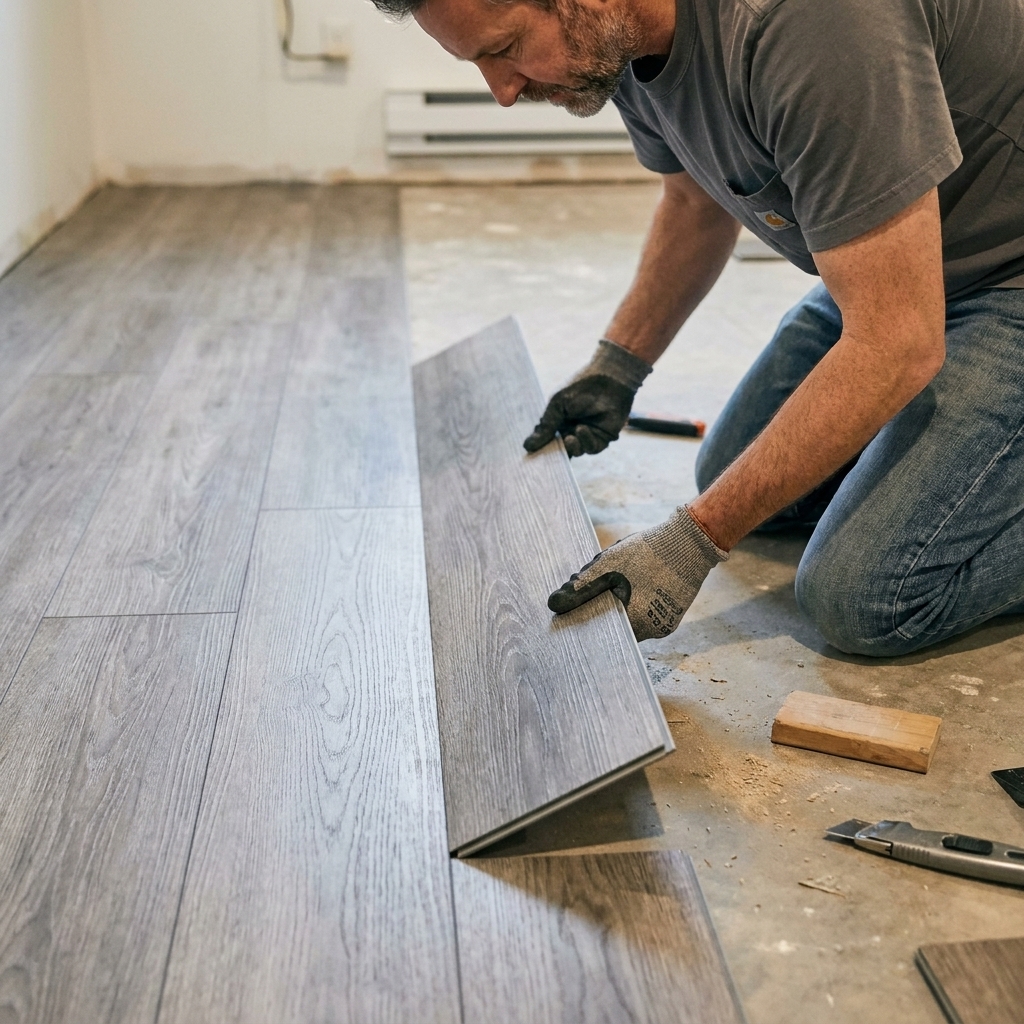 Hands angling a vinyl plank into the previous row to engage a click-lock joint on a basement floor