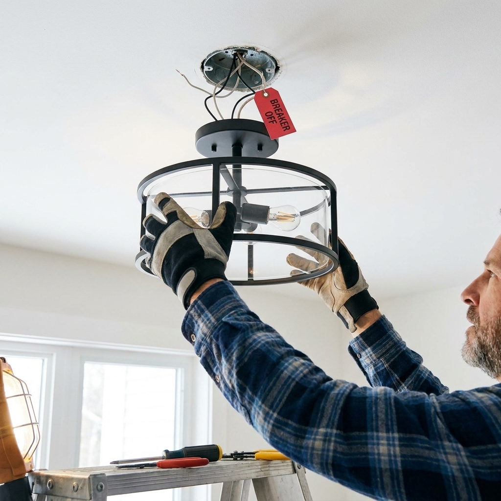 Hands installing a modern semi-flush ceiling light fixture on a white ceiling with the breaker off, wiring visible at the electrical box