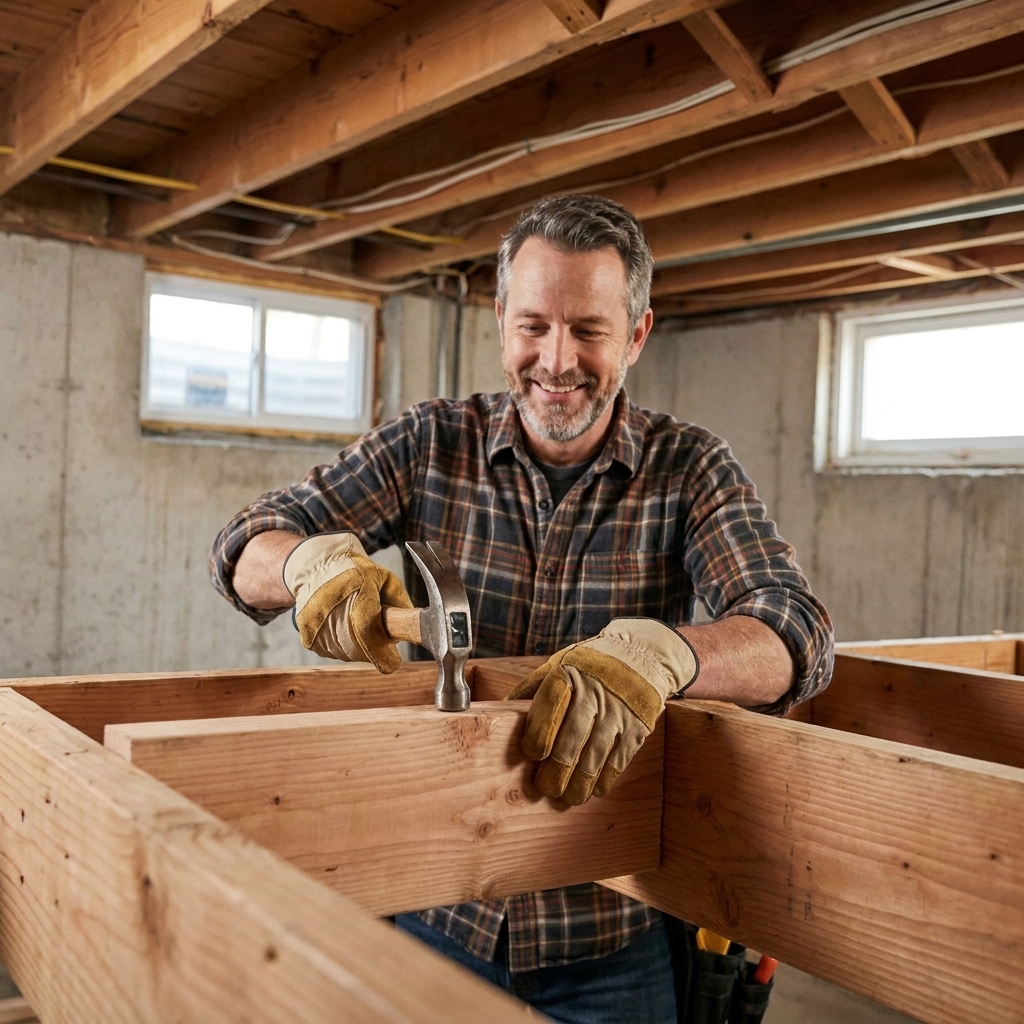 Hands installing a solid wood blocking piece between two floor joists in an unfinished basement