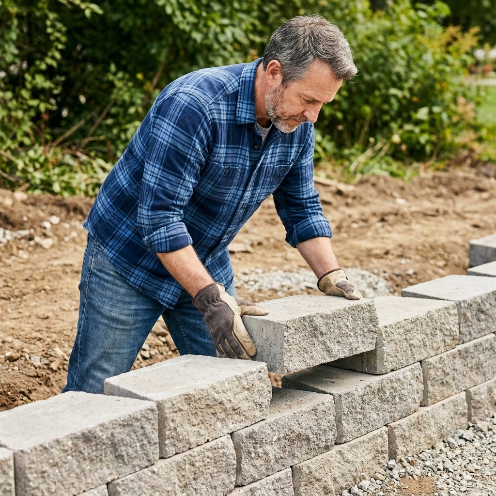 Hands placing an interlocking concrete retaining wall block onto the next course, with staggered joints visible