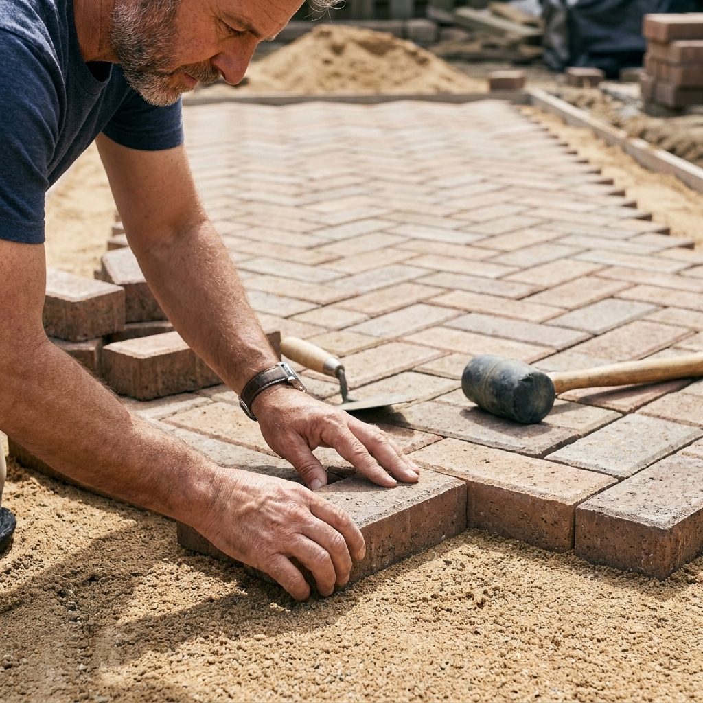 Hands placing rectangular brick pavers into a herringbone pattern on a sand bed, with the surface partially completed and tools nearby