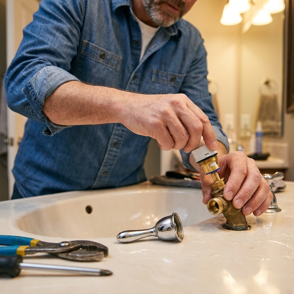 Hands pressing a new faucet cartridge into a faucet valve body at a sink with the handle removed