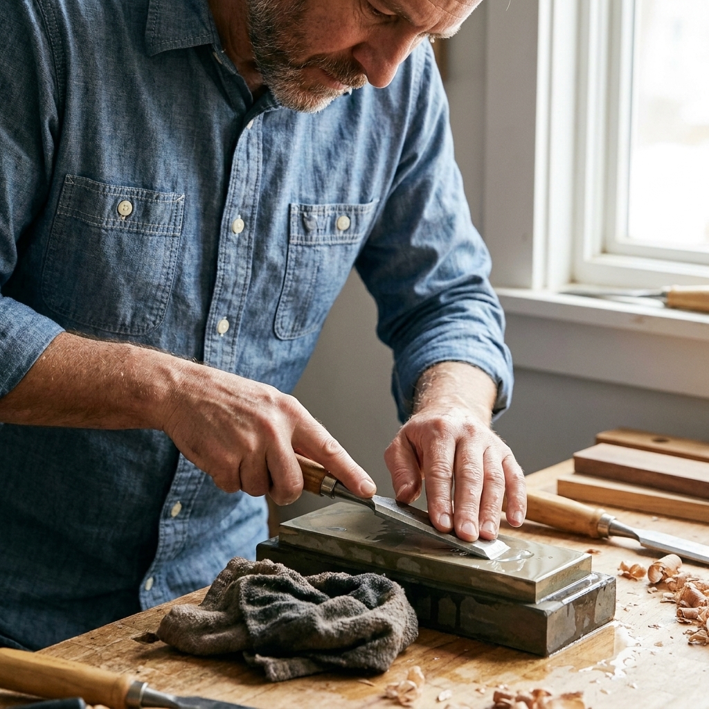 Hands sharpening a bench chisel on a diamond sharpening stone on a workbench, with water and a rag nearby