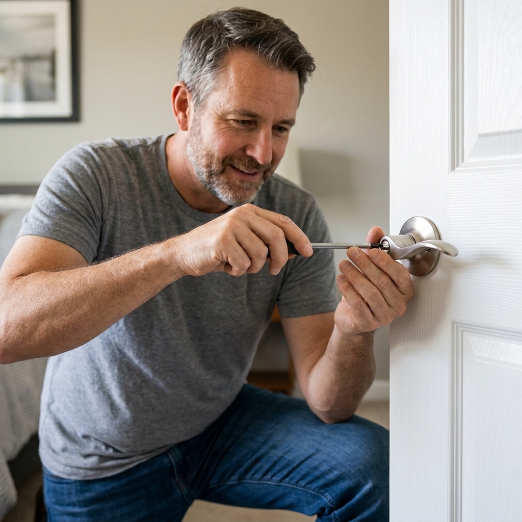 Hands tightening screws on a brushed nickel door lever installed on a white interior bedroom door