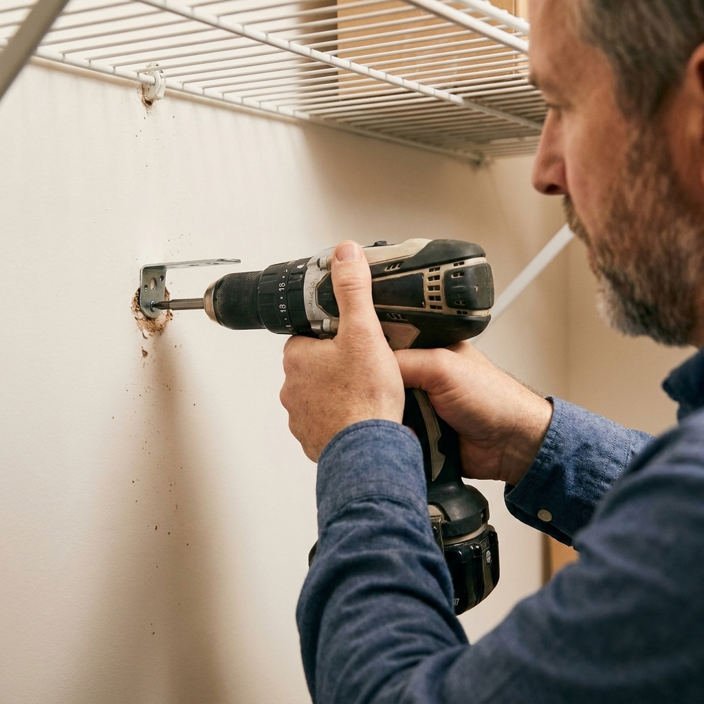 Hands using a drill to remove wire closet shelving brackets from a drywall closet wall