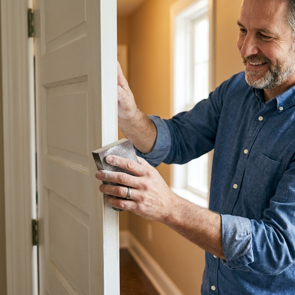 Hands using a sanding block on the edge of a white painted interior door with the door slightly open