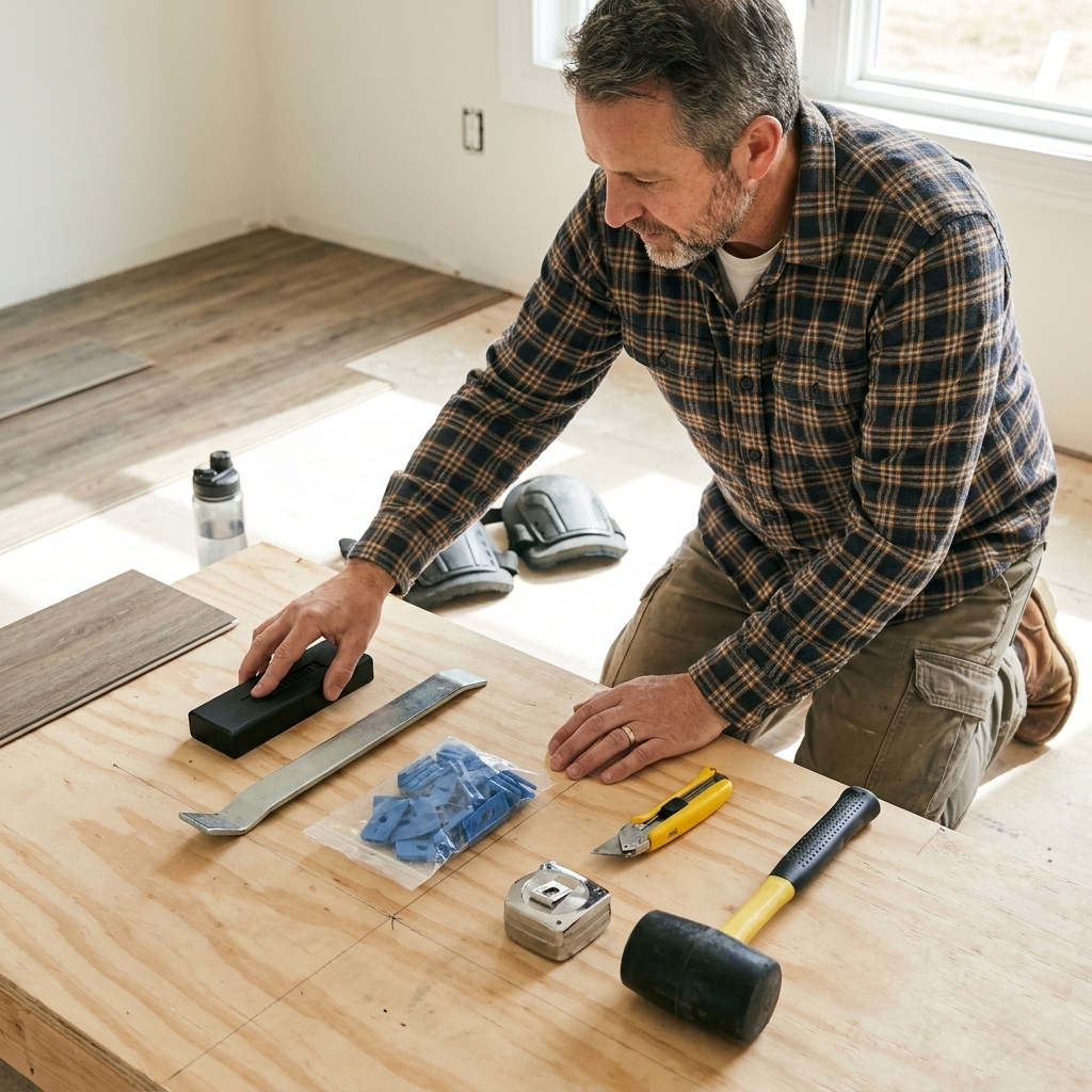 Luxury vinyl plank flooring tools laid out on a work surface, including a tapping block, pull bar, spacers, utility knife, tape measure, and rubber mallet