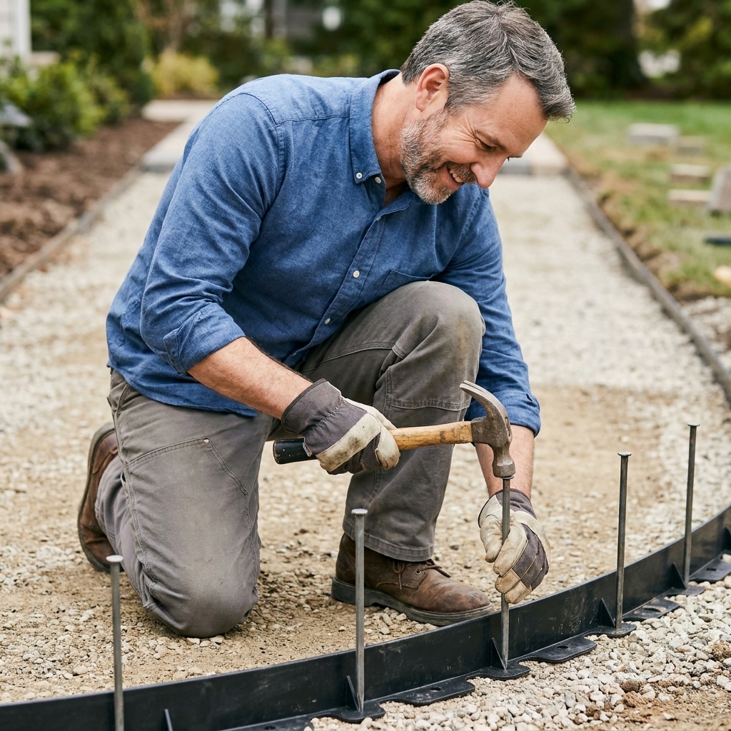 Plastic paver edge restraint installed along the side of a walkway base, with long metal spikes driven through the edging into compacted gravel