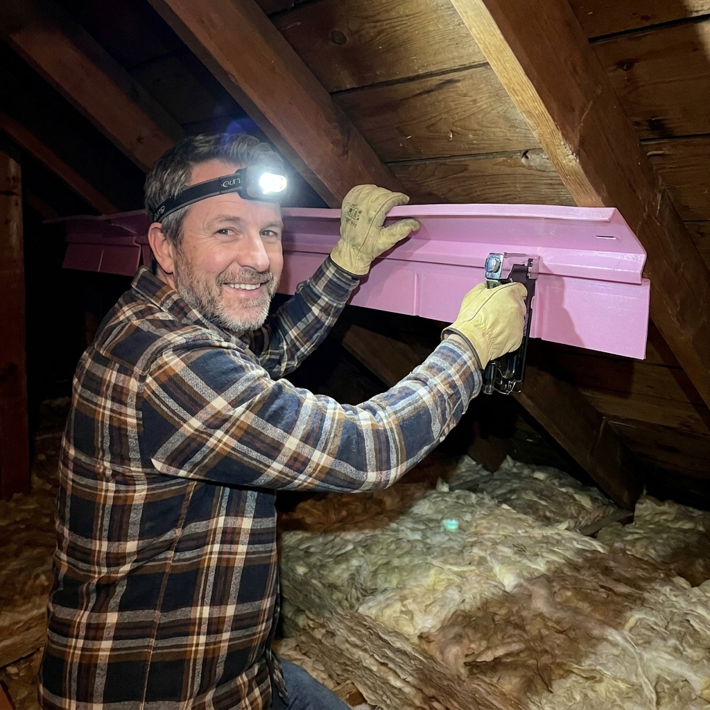 Plastic rafter baffles installed between rafters above new insulation in an attic ceiling cavity
