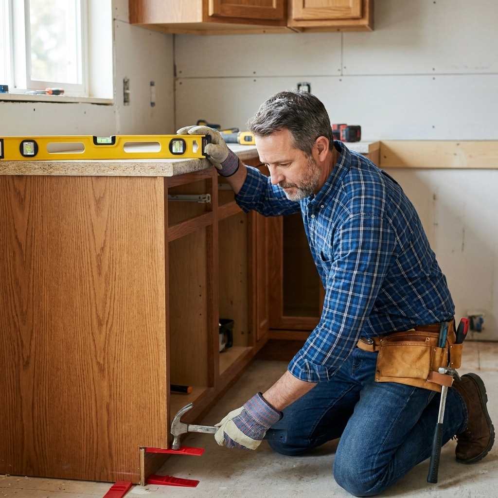 Plastic shims under a base cabinet corner while a level rests on the cabinet top during installation