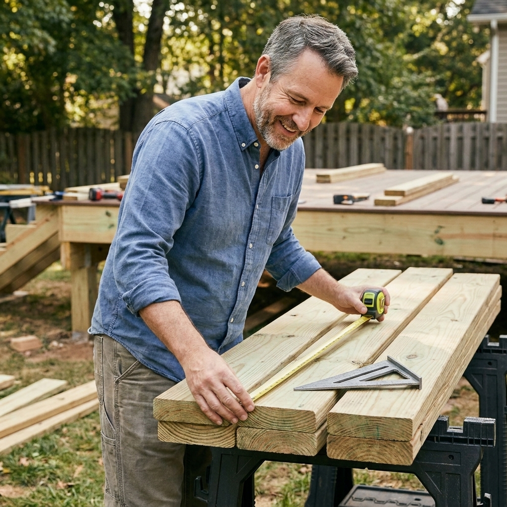 Pressure-treated deck framing lumber stacked on sawhorses with a tape measure and speed square nearby in a backyard work area