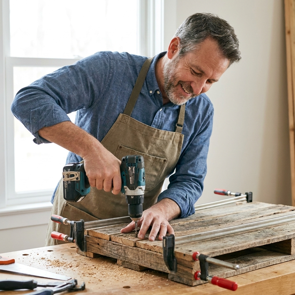 Reclaimed pallet boards arranged on a workbench, held in place with clamps while being fastened to a hidden frame
