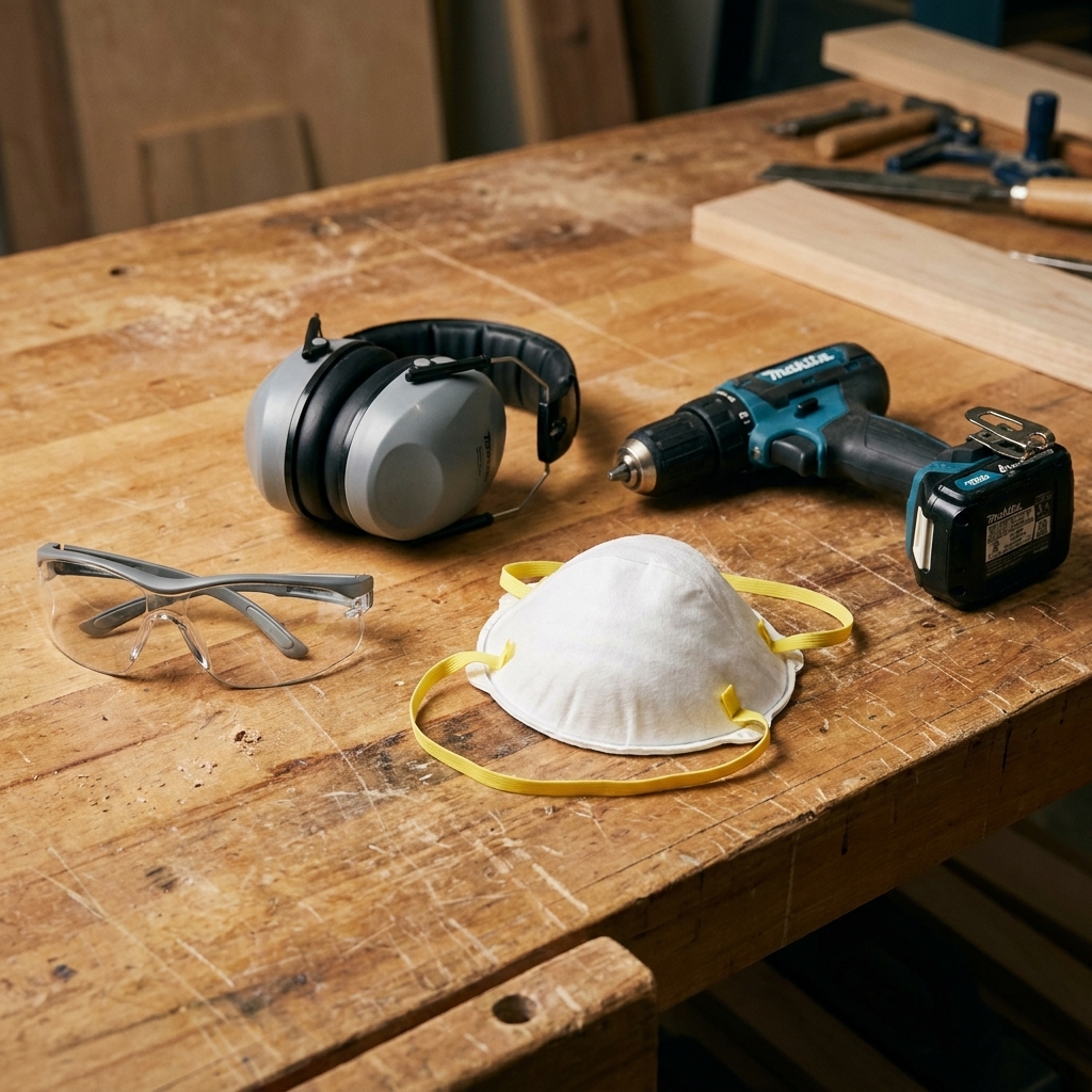 Safety glasses, hearing protection earmuffs, and a dust respirator placed on a workbench next to a cordless drill