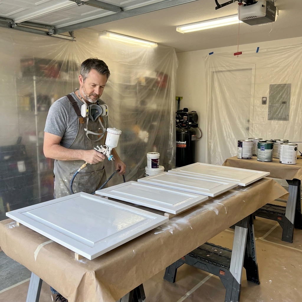 Several kitchen cabinet doors laid flat on sawhorses with masking paper underneath in a garage spray area
