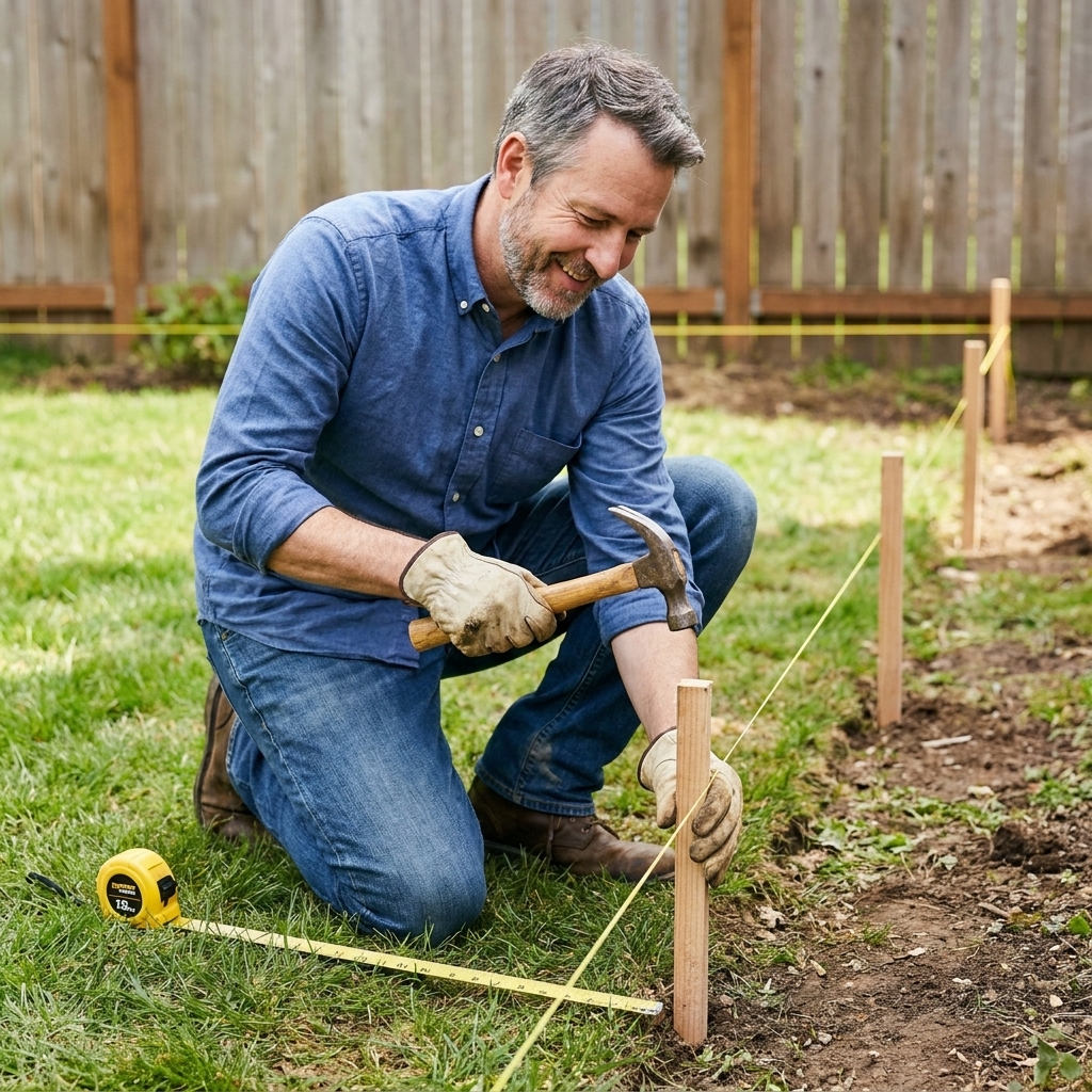 Stakes with a taut string line marking a straight retaining wall layout in a backyard, with a tape measure on the ground