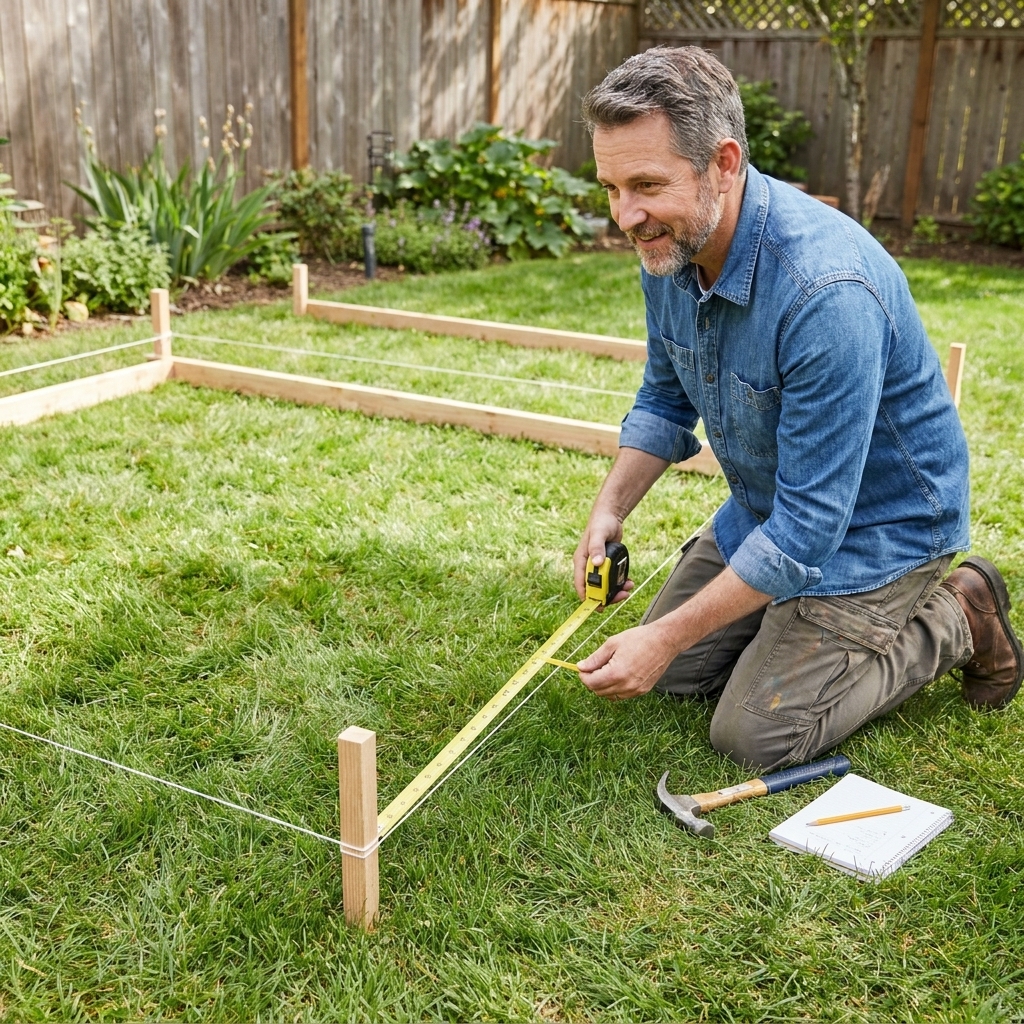 String lines staked out in a backyard marking a square deck outline on grass with a tape measure stretched along one edge