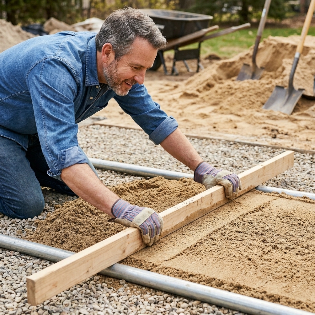 Two metal pipes set on a compacted gravel base with coarse sand between them, while a straight board is pulled across to screed the sand level