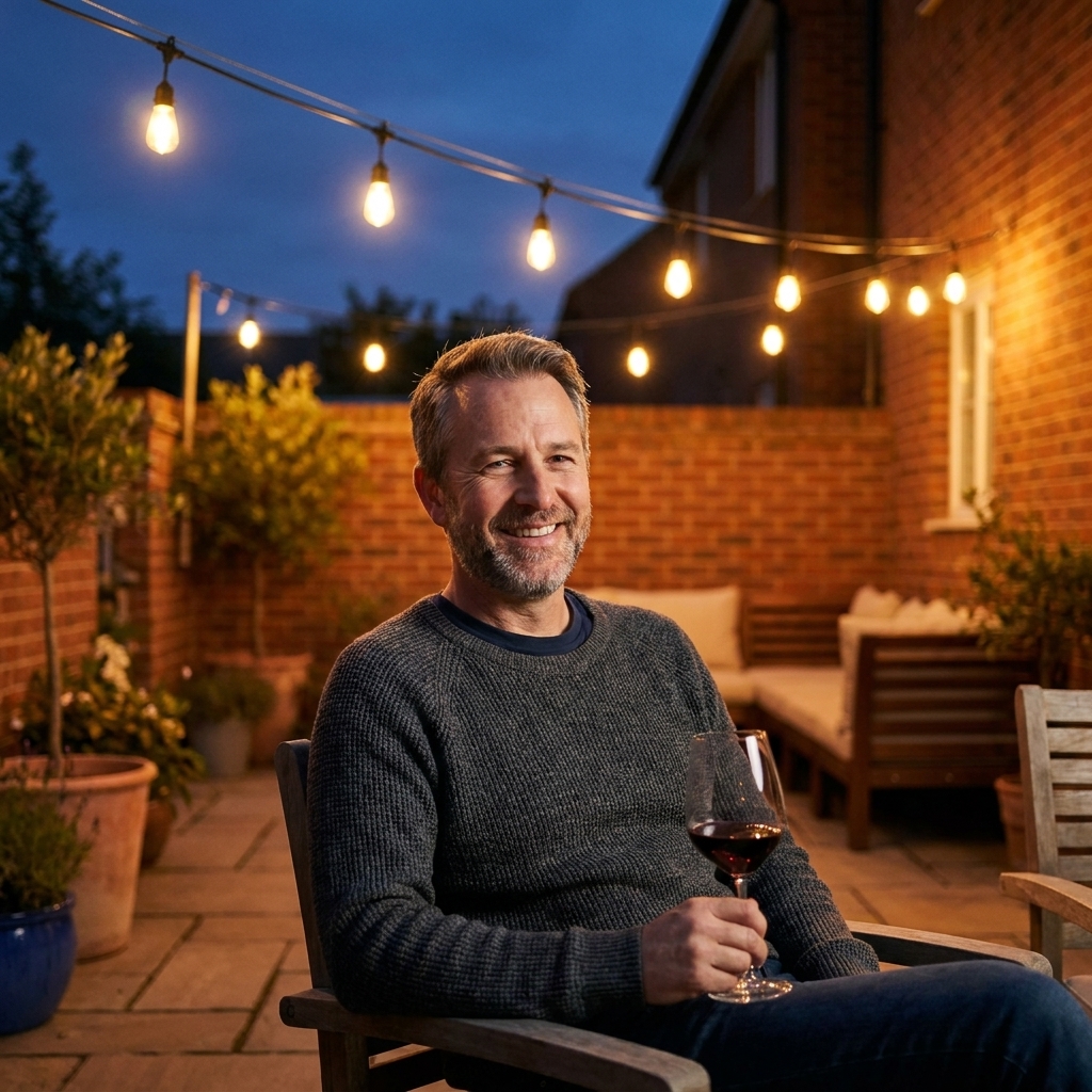 Warm white outdoor string lights hanging on a tensioned cable above a small patio seating area at dusk